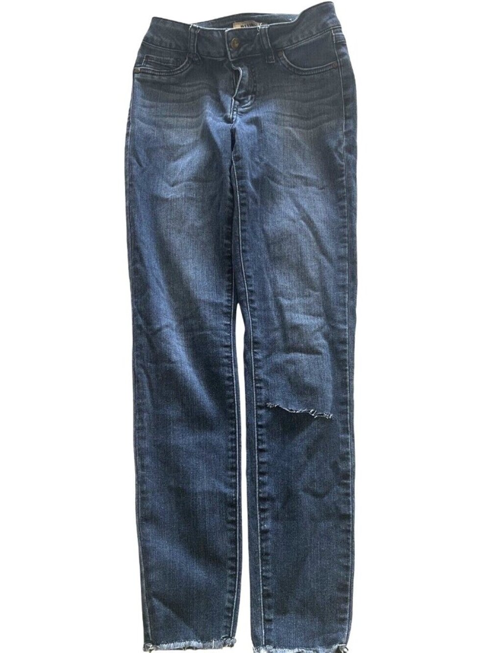 Blue Spice Distressed Dark Wash Denim Jeans W/Frayed Hem & Classic Fit M